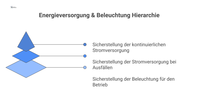 Infografik-Dashboard mit KPIs zur Energieversorgung und Beleuchtung, das Stromverfügbarkeit, Notstrom-Bereitschaft und Servicezeiten in einer Tabelle visualisiert.