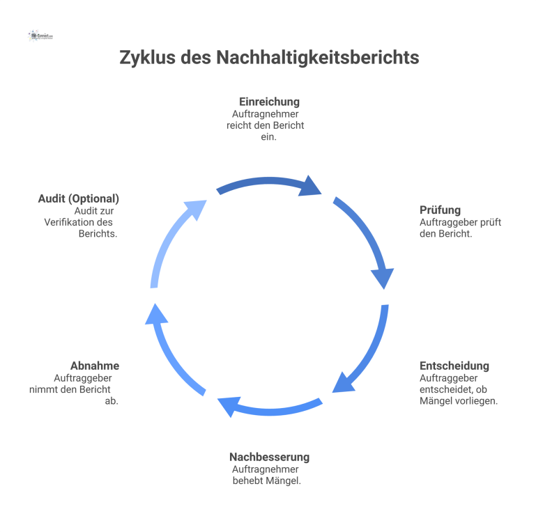 Flussdiagramm Abnahmeprozess Nachhaltigkeitsbericht Flussdiagramm zum Abnahmeprozess eines Nachhaltigkeitsberichts, von der Einreichung über die Prüfung und eine mögliche Nachbesserungsschleife bis zur finalen Abnahme.