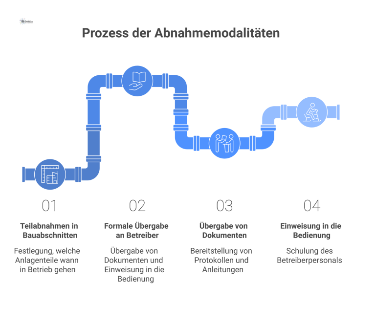 Flussdiagramm zum Prozess der Abnahmemodalitäten Flussdiagramm, das die Abnahmemodalitäten darstellt, beginnend mit Teilabnahmen in Bauabschnitten bis zur formalen Übergabe an den Betreiber.