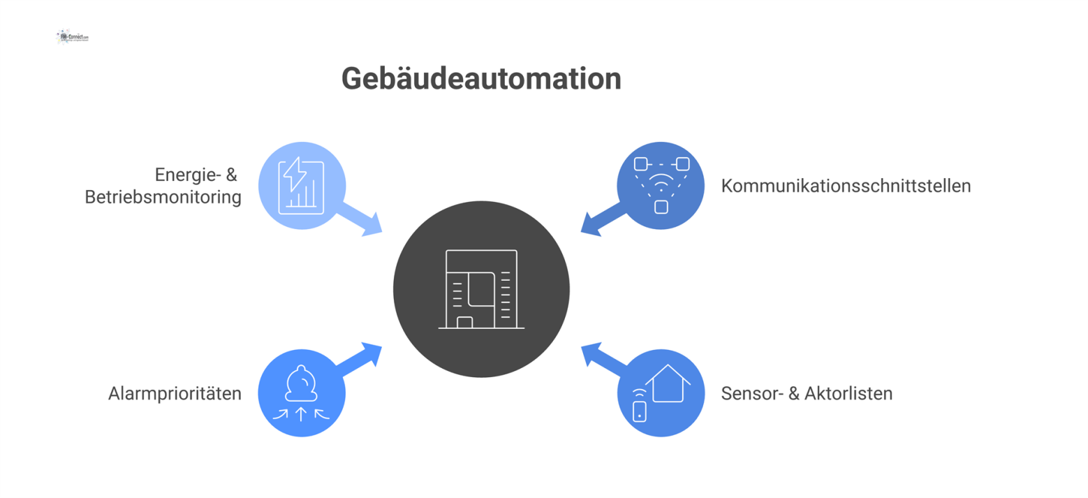 Mindmap mit dem zentralen Thema Gebäudeautomation und den vier Hauptbereichen Kommunikationsschnittstellen, Sensor- & Aktorlisten, Alarmprioritäten und Energiemonitoring.