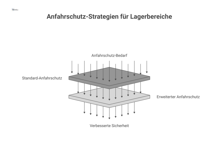 Anfahrschutz-Varianten für Lagerbereiche Diagramm eines Anfahrschutz-Pollers mit gelb-schwarzen Streifen, der eine Anlage sichert, sowie eine robustere, erweiterte Schutzvariante.