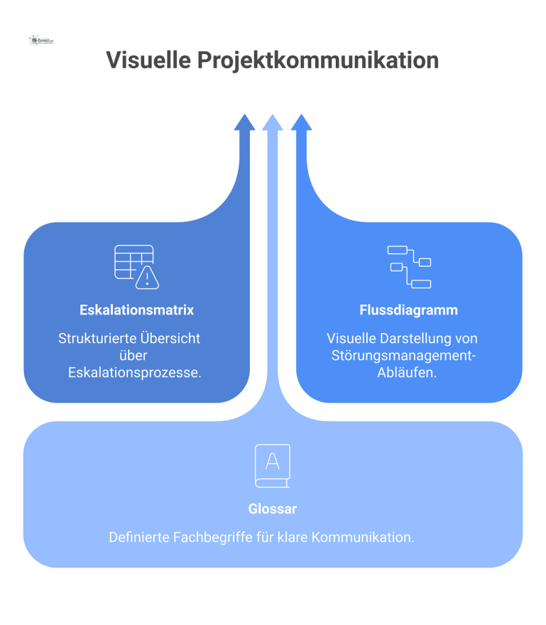 Visualisierung für einen Projektanhang Ein Diagramm für einen Projektanhang, das eine Eskalationsmatrix, ein Flussdiagramm für Störungen und ein Glossar mit Fachbegriffen visualisiert.