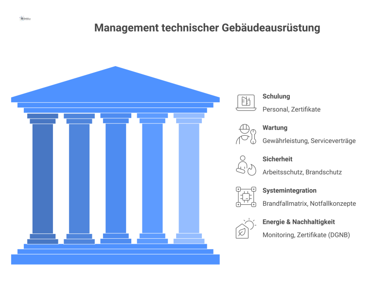 Management technischer Gebäudeausrüstung Übersichtsdiagramm mit den fünf Hauptbereichen des Managements technischer Gebäudeausrüstung: Schulung, Wartung, Sicherheit, Systemintegration und Energie & Nachhaltigkeit.