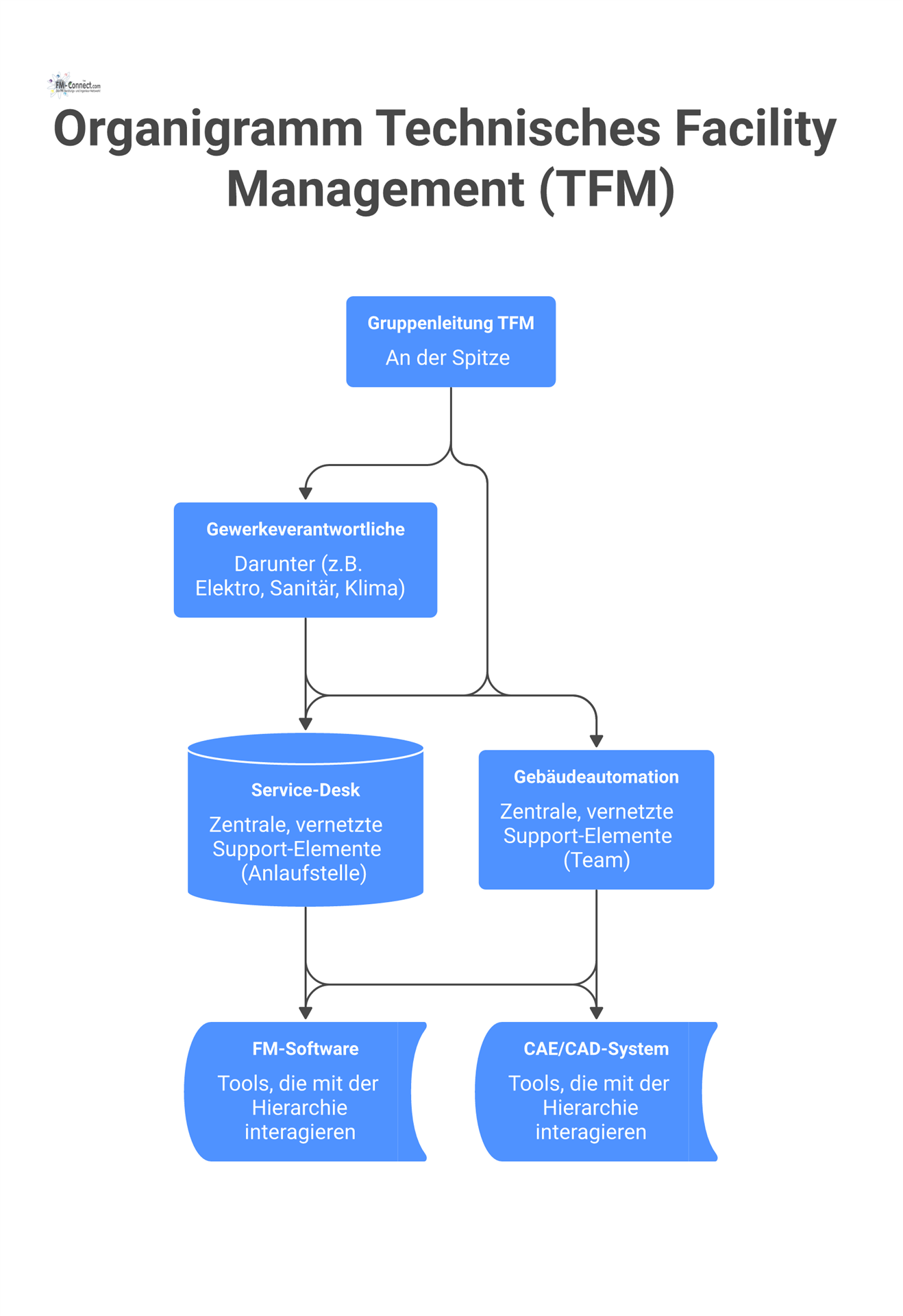Organigramm der Aufbauorganisation im Technischen Facility Management mit Gruppenleitung, Gewerkeverantwortlichen und vernetzten Support-Elementen wie dem Service-Desk.