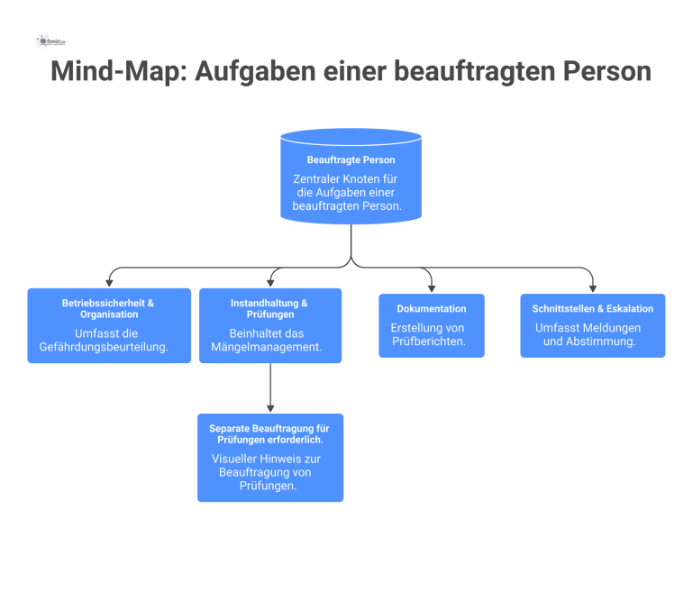 Mind-Map: Aufgaben einer beauftragten Person Mind-Map zu den Aufgaben einer beauftragten Person mit den vier Hauptzweigen: Betriebssicherheit, Instandhaltung, Dokumentation und Schnittstellen.