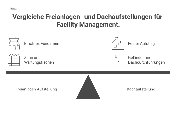 Vergleich von Freianlagen- und Dachaufstellung Isometrische Infografik, die eine Freianlagen-Aufstellung auf einem Fundament mit einer Dachaufstellung mit Geländer und festem Aufstieg vergleicht.