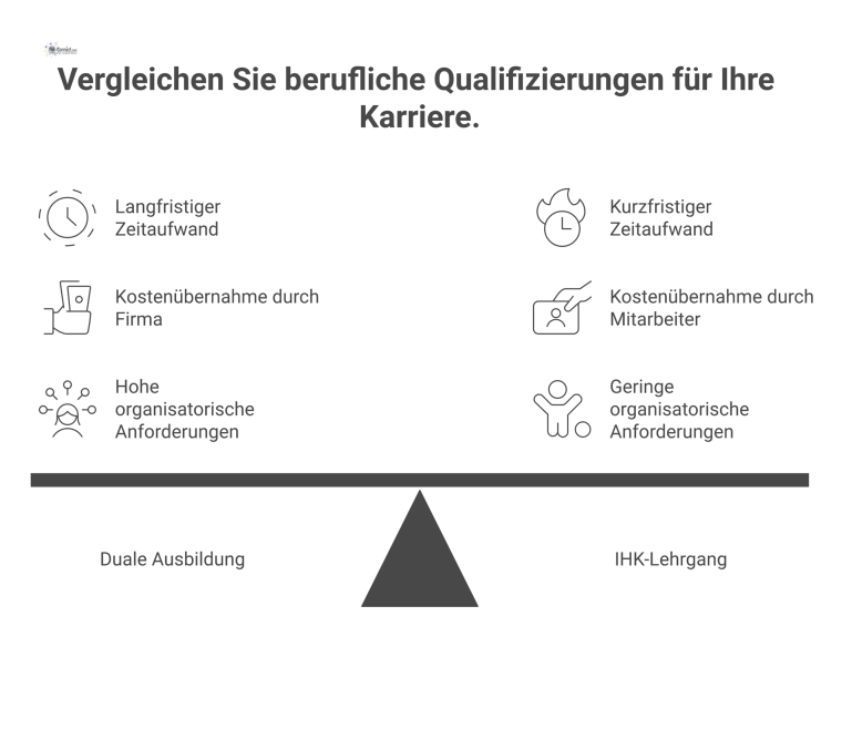 Eine Vergleichstabelle, die vier berufliche Qualifizierungen anhand von Zeitaufwand, Kostenübernahme und organisatorischen Anforderungen gegenüberstellt.