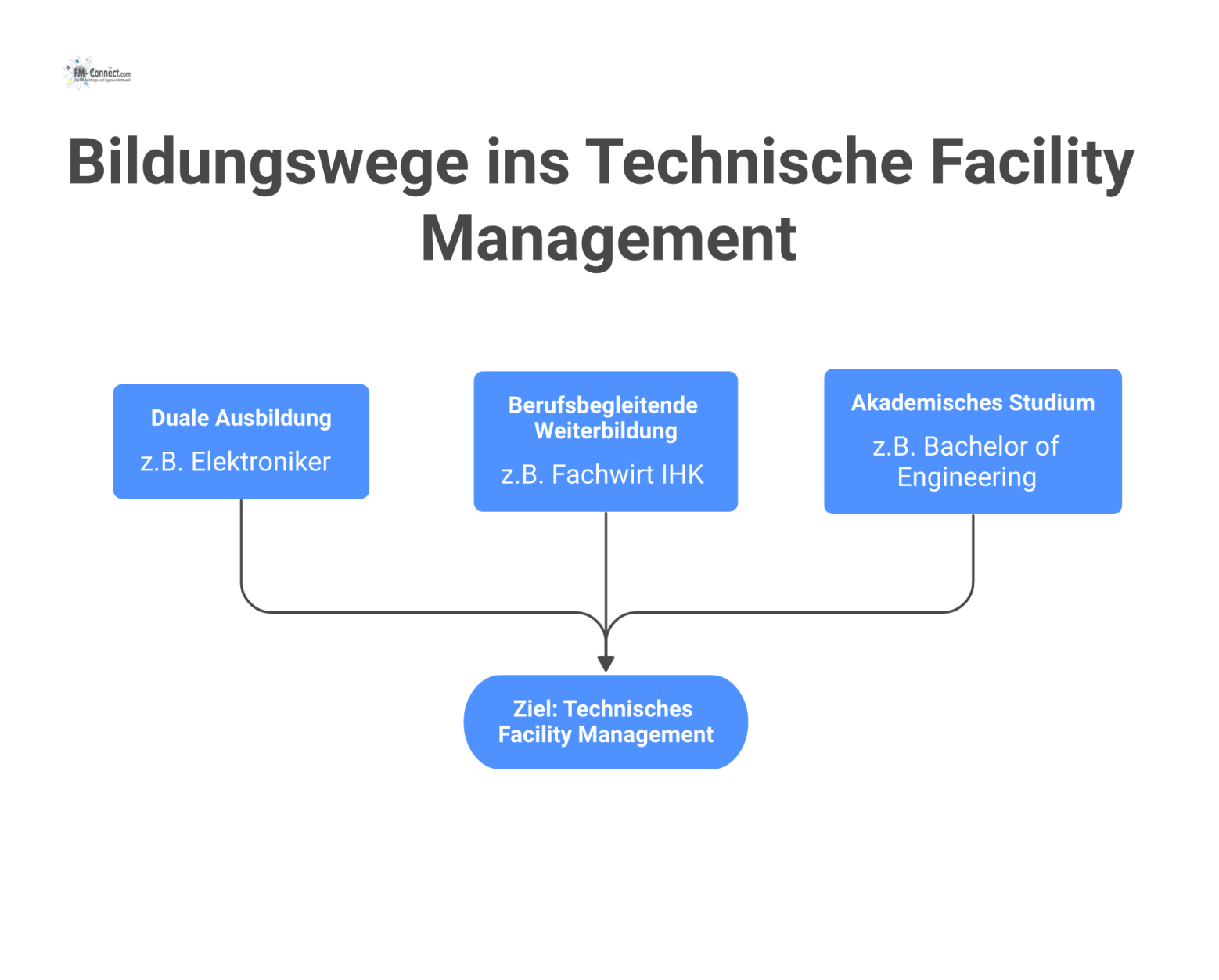 Strukturdiagramm der drei Bildungswege ins Technische Facility Management: Duale Ausbildung, berufsbegleitende Weiterbildung und akademisches Studium als separate Pfade.