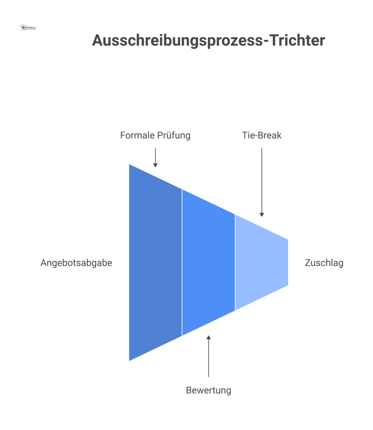 Flussdiagramm eines Ausschreibungsprozesses, beginnend bei der Angebotsabgabe, über die formale Prüfung und gewichtete Bewertung, bis zum Zuschlag.