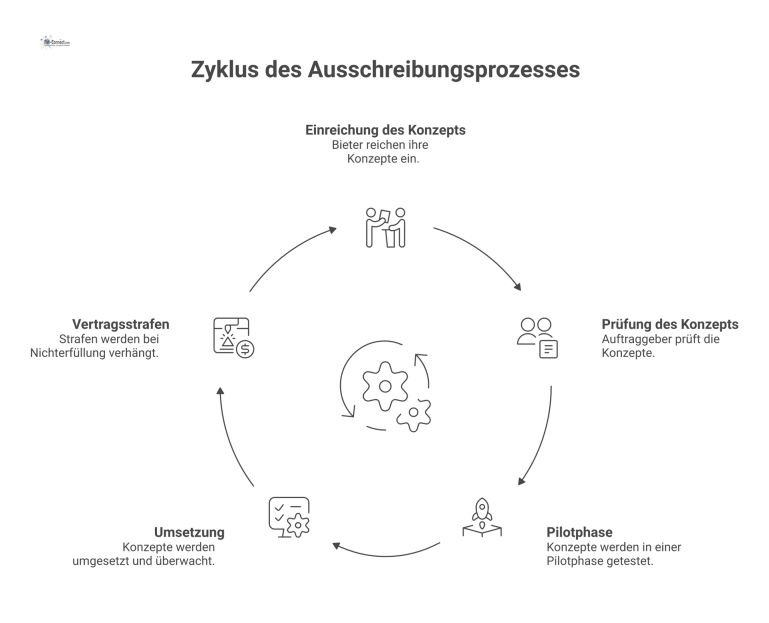 Ausschreibungsprozess für ein Digitalisierungskonzept Prozessdiagramm mit den fünf chronologischen Phasen des Ausschreibungsprozesses: Einreichung, Prüfung, Pilotphase, Umsetzung mit Monitoring und mögliche Vertragsstrafen.