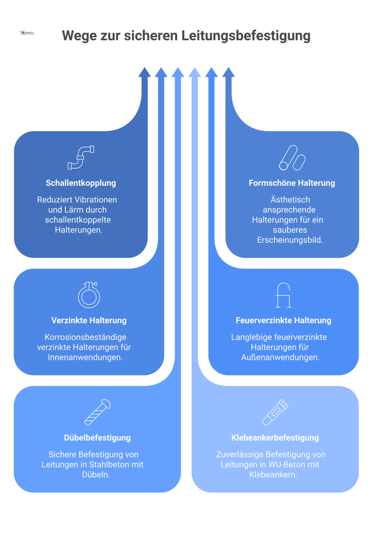 Infografik zur Befestigung von Leitungen Technische Infografik einer schallentkoppelten Halterung für Leitungen, die Varianten für Innen- und Außenmontage in verschiedenen Betonarten zeigt.