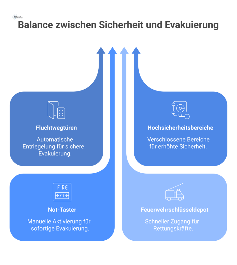 Zutrittskontrolle im Brandfall Infografik zur Zutrittskontrolle bei Feuer, die das automatische Entriegeln von Fluchtwegen und das Verschließen von Hochsicherheitsbereichen darstellt.