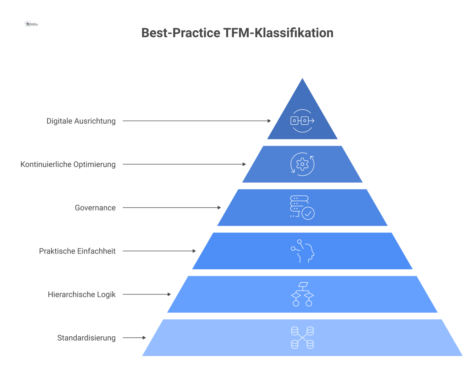 Säulendiagramm, das sechs Prinzipien der TFM-Klassifikation visualisiert. Jede Säule zeigt ein Prinzip und den dazugehörigen Nutzen.