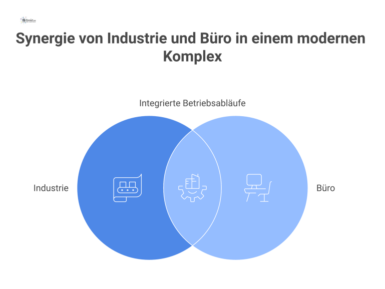 Diagramm eines Industrie- und Bürokomplexes Isometrische Ansicht eines modernen Industrie- und Bürokomplexes, der in die Bereiche Administration, Produktion, F&E und Service unterteilt ist.