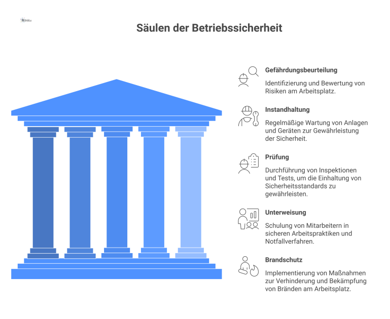 Infografik zur Betriebssicherheit in Deutschland Infografik zu den fünf Säulen der Betriebssicherheit: Gefährdungsbeurteilung, Instandhaltung, Prüfung, Unterweisung und Brandschutz, die auf einem Fundament stehen.