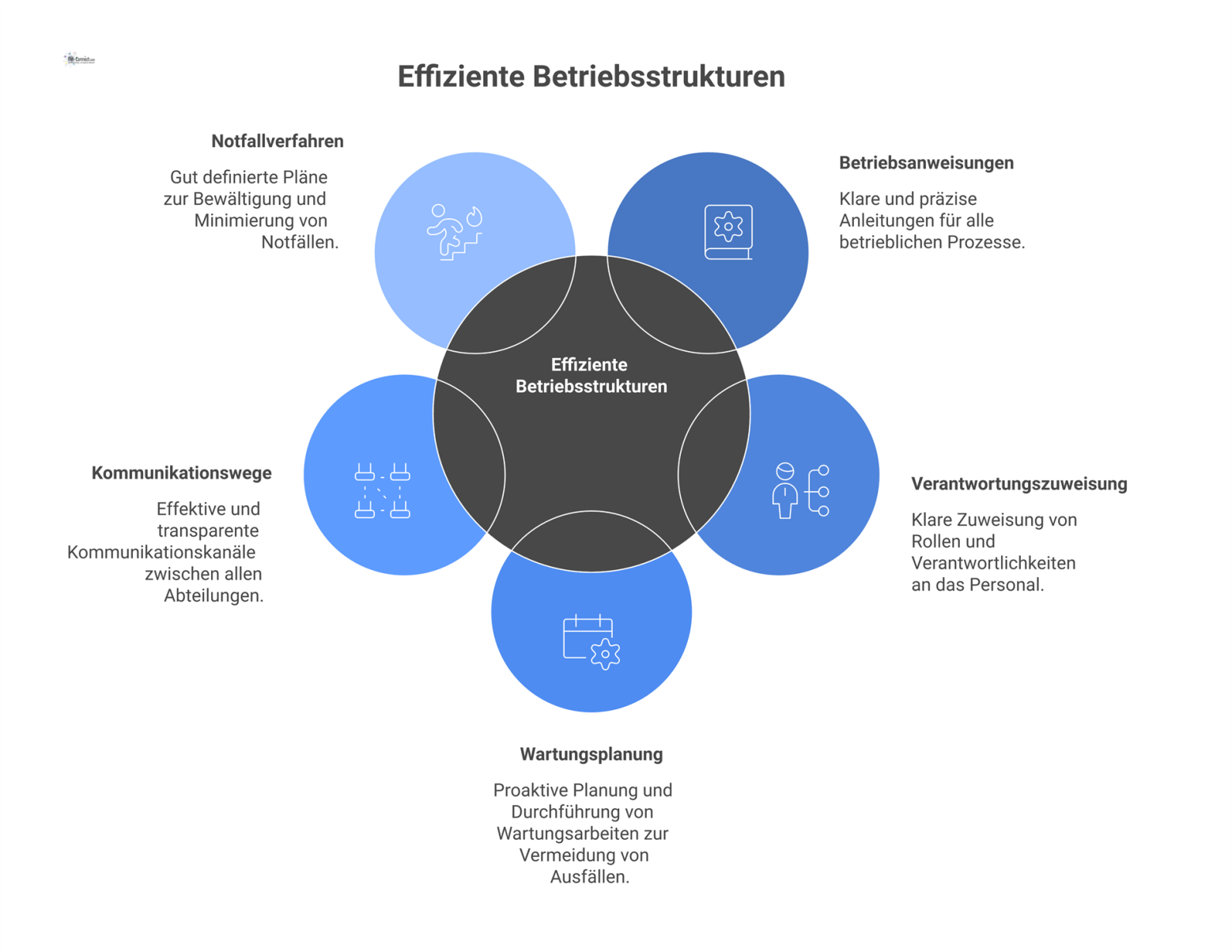 Diagramm, das 'Betriebsstrukturen' im Zentrum zeigt, verbunden mit den fünf Kernkomponenten: Betriebsanweisungen, Verantwortungszuweisung, Wartungsplanung, Kommunikationswege und Notfallverfahren.