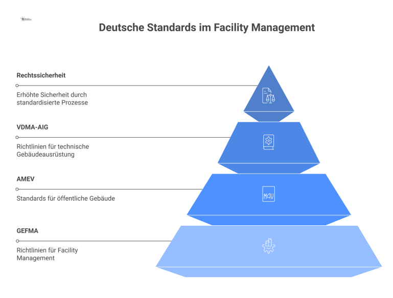 Diagramm deutscher Standards im Facility Management von GEFMA, AMEV und VDMA-AIG mit Fokus auf Betreiberverantwortung, Compliance und Wartung.