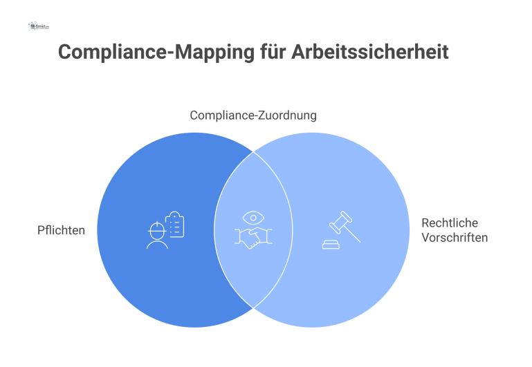 Ein Diagramm, das Arbeitssicherheitspflichten wie Gefährdungsbeurteilung den zugehörigen rechtlichen Vorschriften wie dem Arbeitsschutzgesetz (ArbSchG) zuordnet.