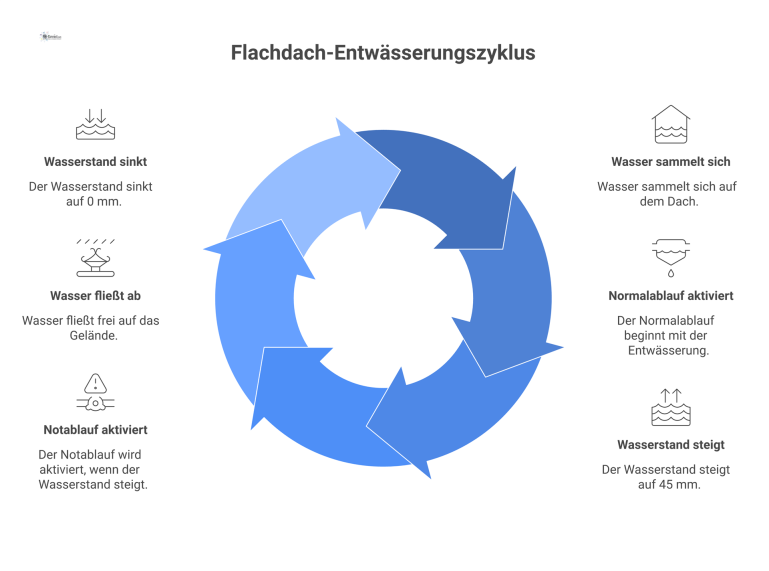 Querschnitt Flachdach-Entwässerung am Tiefpunkt Querschnitt eines Flachdachs am Tiefpunkt, der ein Dachentwässerungssystem mit Normalablauf, Notablauf und den jeweiligen Wasseranstauhöhen zeigt.
