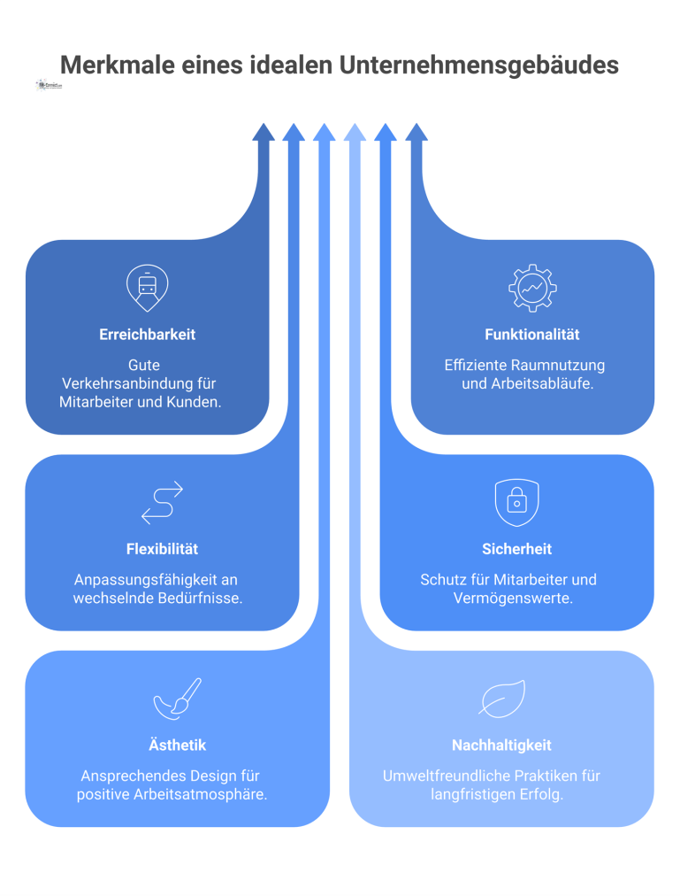 Das ideale Unternehmensgebäude und seine Merkmale Infografik-Diagramm, das die sechs Hauptmerkmale eines idealen Unternehmensgebäudes mit Icons darstellt: Erreichbarkeit, Funktionalität, Flexibilität, Sicherheit, Ästhetik und Nachhaltigkeit.
