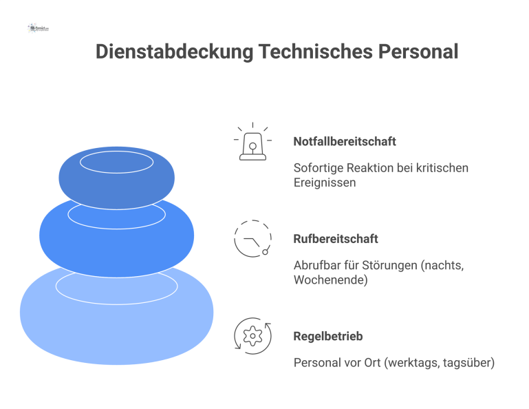 Infografik der drei Service-Stufen für technisches Personal: Regelbetrieb, Rufbereitschaft und Notfallbereitschaft, visualisiert mit Icons für Zeit und Aufgabe.
