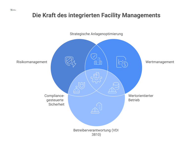 Infografik: Technisches Facility Management Konzept Infografik, die das Konzept des Technischen Facility Managements mit einem Kern und den vier Säulen Risikomanagement, Wertmanagement, Betreiberverantwortung und KAIZEN darstellt.