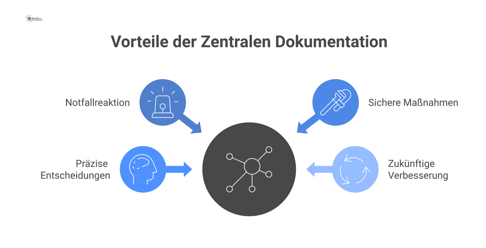 Infografik mit einem zentralen Icon für Dokumentation, von dem vier Pfade ausgehen: Notfallreaktion, sichere Maßnahmen, präzise Entscheidungen und zukünftige Verbesserung.