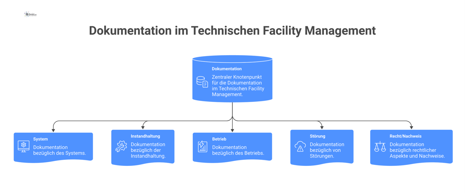 Infografik mit dem zentralen Knoten 'Dokumentation' und fünf Zweigen für System, Instandhaltung, Betrieb, Störung und Recht/Nachweis.
