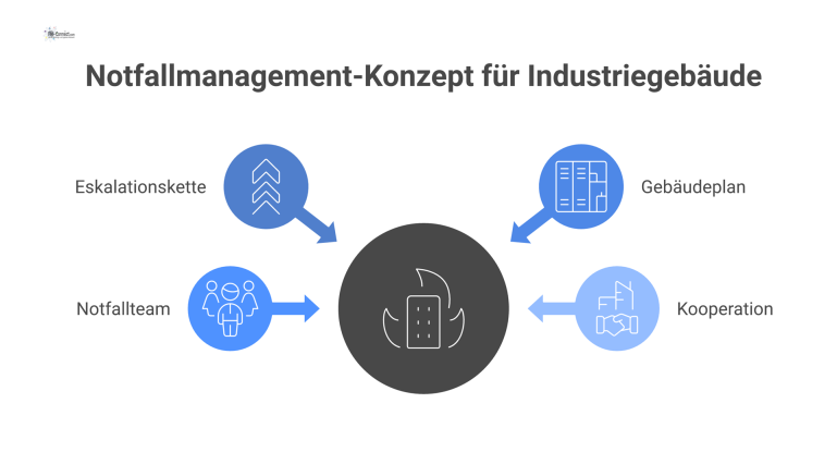 Infografik Notfallmanagement-Konzept Industriegebäude Infografik, die ein Notfallmanagement-Konzept für ein Industriegebäude darstellt, inklusive Eskalationskette, Gebäudeplan, Fluchtwegen und Notfallteam-Organigramm.