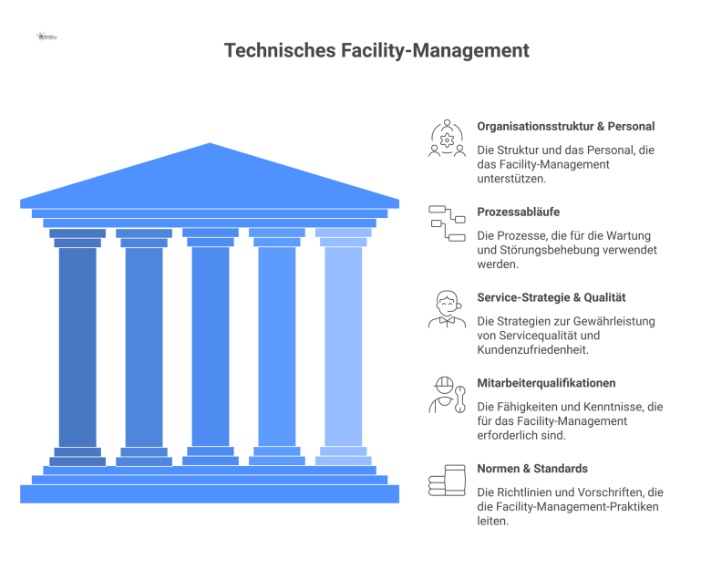 Infografik Technisches Facility-Management Konzept Infografik eines technischen Facility-Management-Konzepts mit fünf vernetzten Hauptbereichen, dargestellt durch Icons: Organisation, Prozesse, Service, Qualifikationen und Normen.