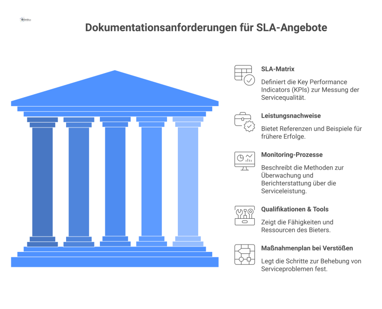 Dokumentationsanforderungen für ein SLA-Angebot Diagramm der fünf Dokumentationsanforderungen für ein SLA-Angebot, bestehend aus SLA-Matrix, Leistungsnachweisen, Monitoring-Prozessen, Qualifikationen und einem Maßnahmenplan.