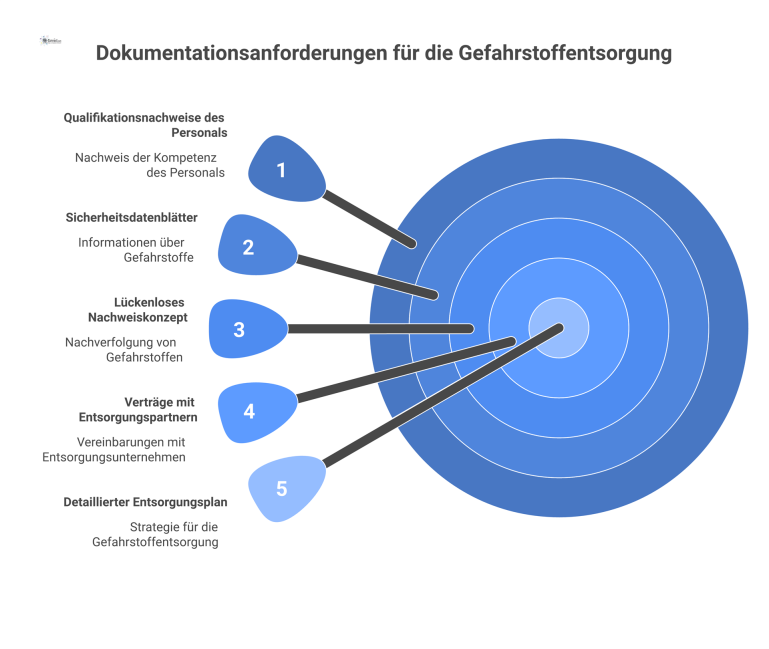 Dokumentationsanforderungen für die Gefahrstoffentsorgung Infografik, die fünf Hauptbereiche der Dokumentationsanforderungen für Gefahrstoffentsorgung zeigt: Entsorgungsplan, Verträge, Nachweiskonzept, Sicherheitsdatenblätter und Qualifikationsnachweise.