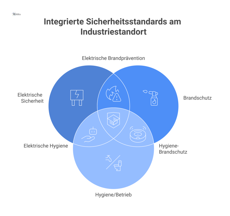 Infografik eines Industriestandorts mit den drei Säulen elektrische Sicherheit, Brandschutz und Hygiene, die jeweils relevante Normen und Icons zeigen.