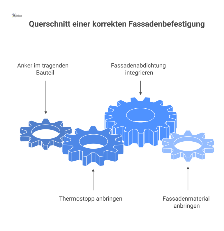 Querschnitt einer korrekten Fassadenbefestigung Technische Querschnittszeichnung einer Fassadenbefestigung mit Anker, Thermostopp und Abdichtung, die eine thermische Trennung zur Wand sicherstellt.
