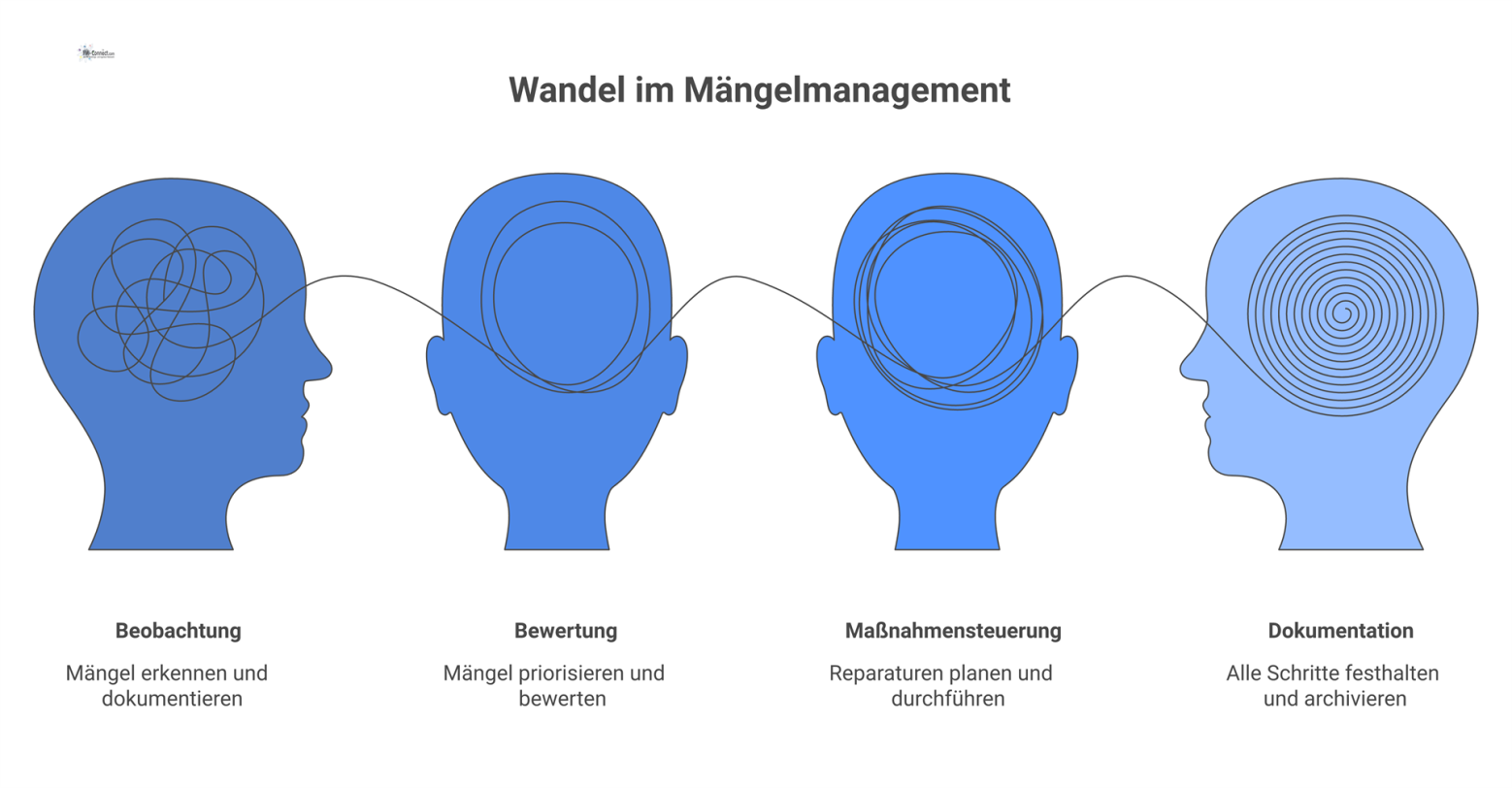 Infografik, die den Wandel von reaktiver Reparatur zu einem gesteuerten, sicheren Mängelmanagement-Prozess mit fünf Schritten visualisiert. 