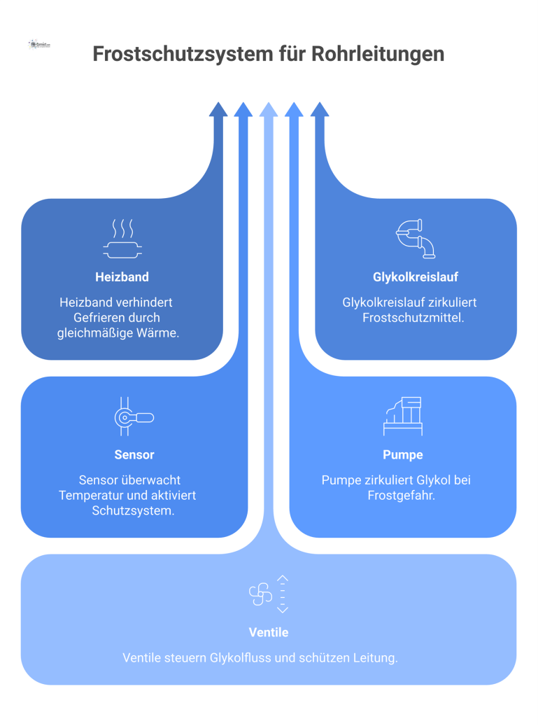 Technische Infografik eines Frostschutzsystems für eine Rohrleitung im Außenbereich mit Heizband, Glykolkreislauf, Sensor, Pumpe und Ventilen.