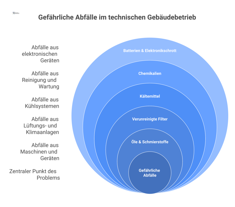 Gefährliche Abfälle im technischen Gebäudebetrieb Infografik, die von einem zentralen Punkt aus fünf Kategorien gefährlicher Abfälle mit Piktogrammen visualisiert: Öle, Filter, Kältemittel, Chemikalien, Batterien.