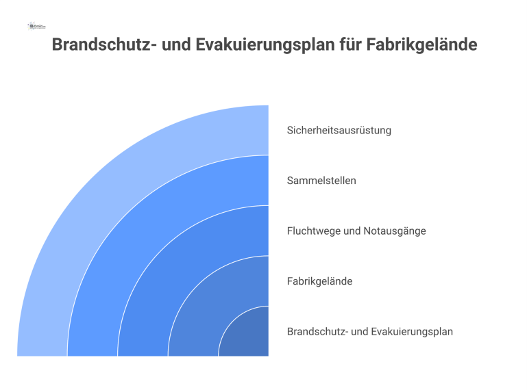 Infografik eines Brandschutz- und Evakuierungsplans für ein Fabrikgelände mit Fluchtwegen, Notausgängen, Sammelstellen und Sicherheitseinrichtungen. 