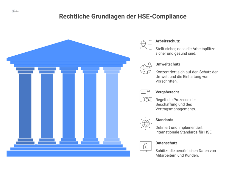 Rechtliche Grundlagen der HSE-Compliance Infografik, die die rechtlichen Grundlagen der HSE-Compliance als Säulen darstellt: Arbeitsschutz, Umweltschutz, Vergaberecht, Standards und Datenschutz.