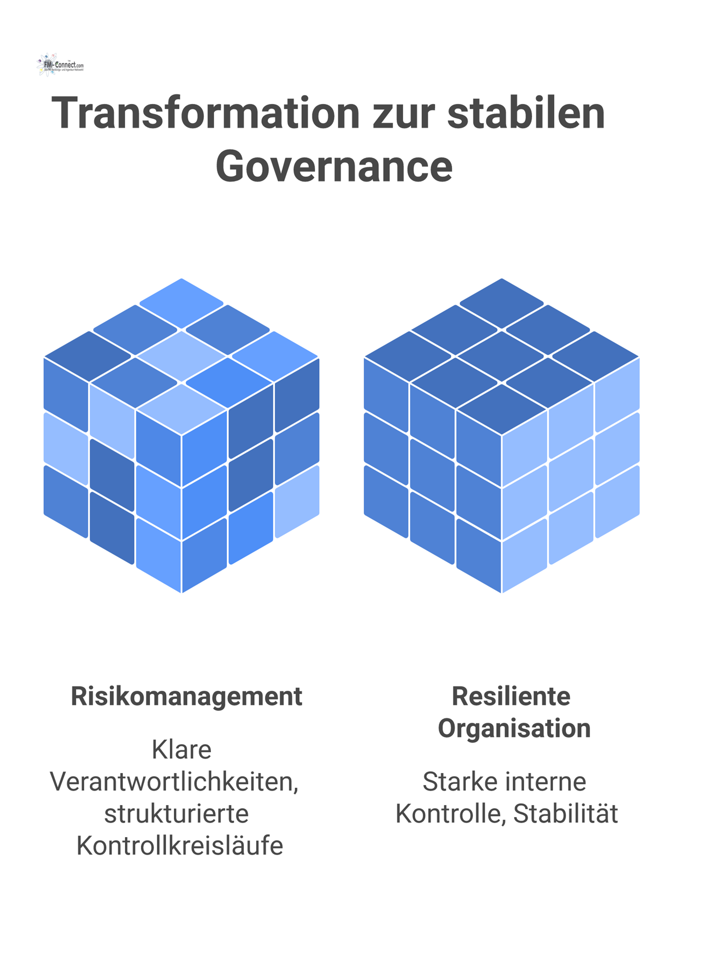 Prozessdiagramm zur Transformation von organisatorischem Chaos zu Stabilität durch Governance, basierend auf klaren Verantwortlichkeiten und strukturierten Kontrollkreisläufen. 