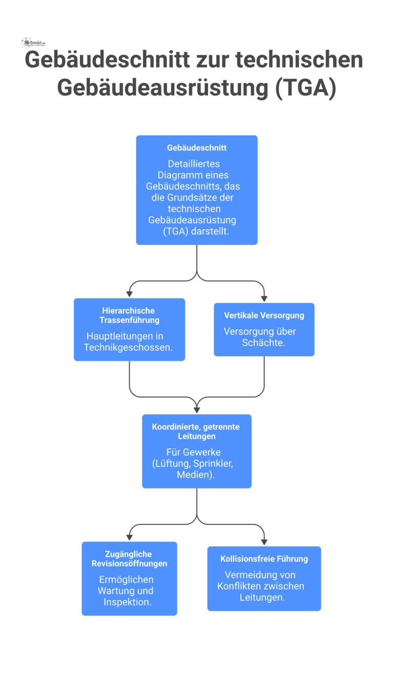 Detaillierter Gebäudeschnitt der die Grundsätze technischer Gebäudeausrüstung (TGA) zeigt, inklusive hierarchischer Trassenführung und kollisionsfreier Leitungen in Schächten.