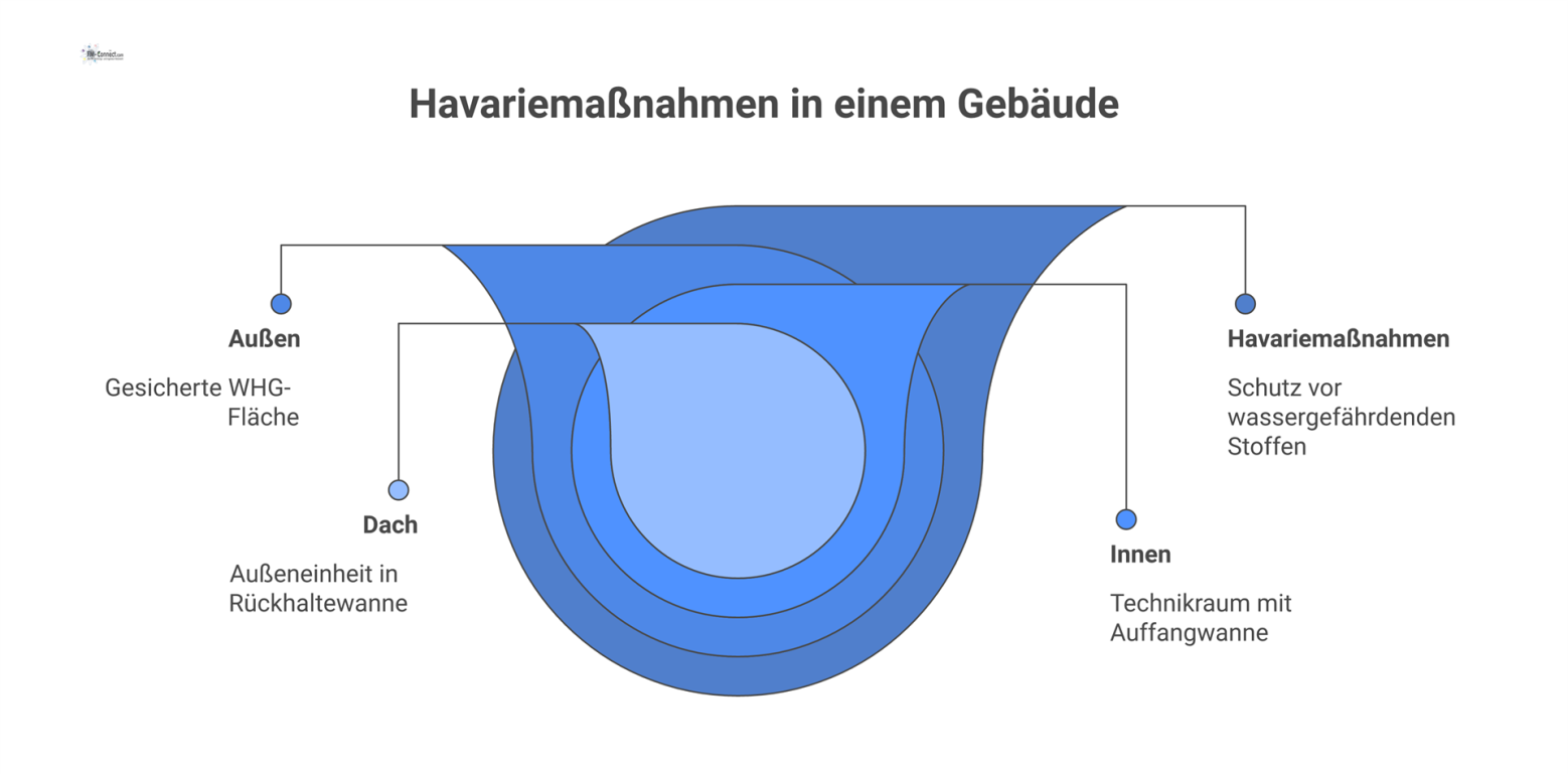 Technische Schnittzeichnung eines Gebäudes mit Havariemaßnahmen: Rückhaltewanne auf dem Dach, Auffangwanne im Technikraum und eine gesicherte WHG-Fläche außen.