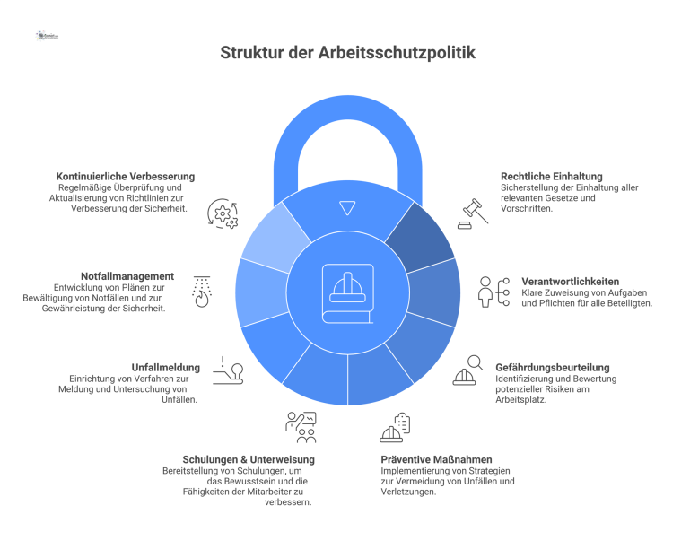 Ein Hub-and-Spoke-Diagramm, das die umfassende Arbeitsschutzpolitik im Zentrum zeigt, mit acht verbundenen Speichen für die einzelnen Kernbereiche.