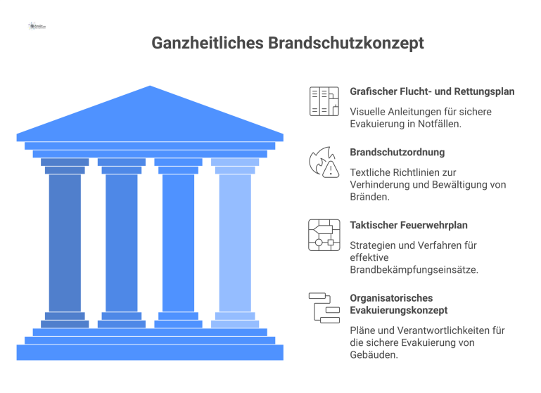 Ganzheitliches Brandschutzkonzept Diagramm eines ganzheitlichen Brandschutzkonzepts mit den vier verbundenen Elementen Fluchtplan, Brandschutzordnung, Feuerwehrplan und Evakuierungskonzept.
