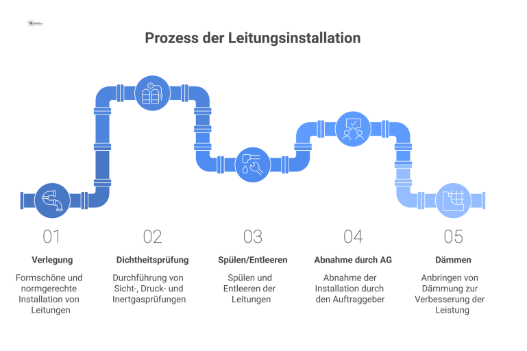 Prozess der Leitungsinstallation Flussdiagramm, das die Prozessschritte der Leitungsinstallation zeigt: Verlegung, Dichtheitsprüfung, Spülen, Abnahme und Dämmung, inklusive wichtiger Aspekte.