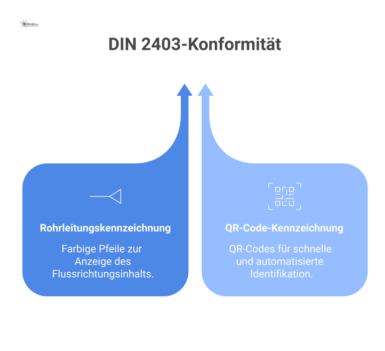 Technische Infografik einer Rohrleitung mit Flussrichtungspfeil „WW“ und einem separaten Anlagenteil, das mit einem QR-Code gekennzeichnet ist.