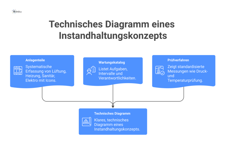 Ein Diagramm eines Instandhaltungskonzepts, das die Bereiche Anlagenteile, Wartungskatalog und standardisierte Prüfverfahren visualisiert.