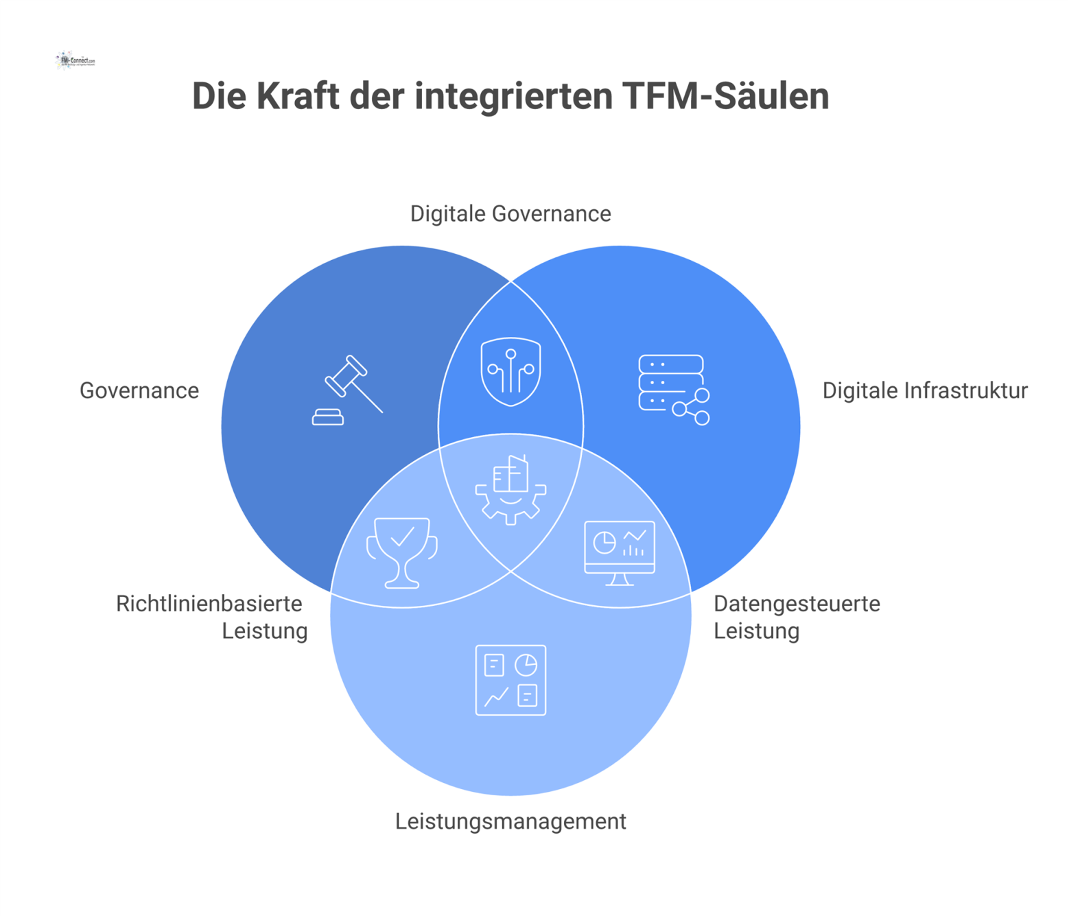Diagramm, das zeigt, wie ein Fundament aus vier Säulen das TFM trägt und Daten zur operativen und strategischen Steuerung liefert.