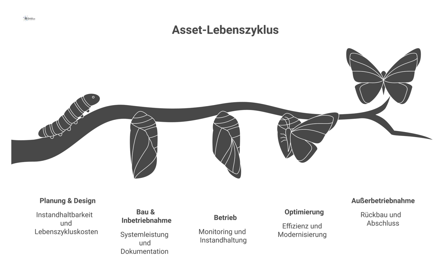 Eine Infografik als Zeitstrahl, die den Asset-Lebenszyklus in den fünf Phasen Planung, Bau, Betrieb, Optimierung und Außerbetriebnahme darstellt.