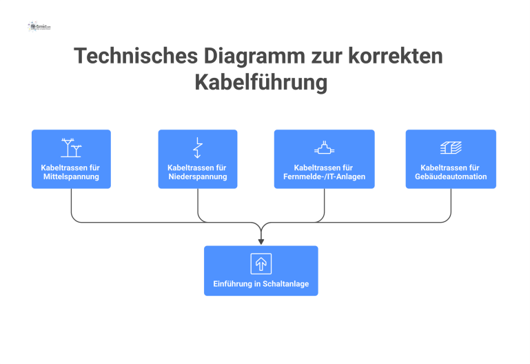 Technisches Diagramm zur korrekten Kabelführung Isometrische Zeichnung der korrekten Kabelführung von vier parallelen, farbcodierten Kabeltrassen, die von unten in eine Schaltanlage eingeführt werden.